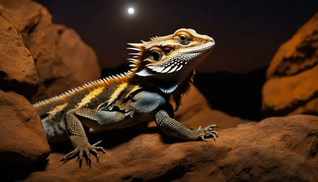 bearded dragon in a dimly lit environment