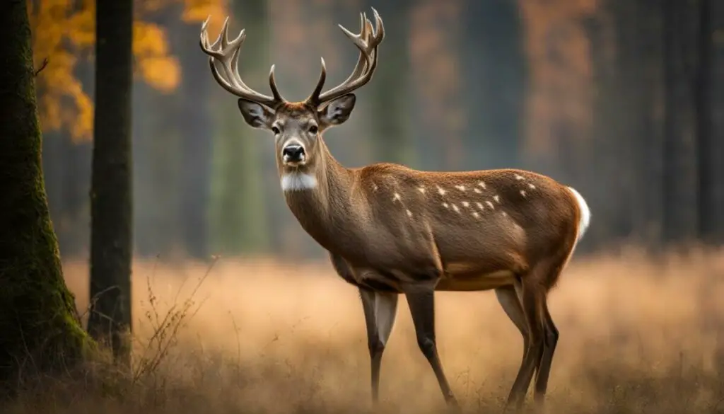 deer looking into the distance with a blurred forest background